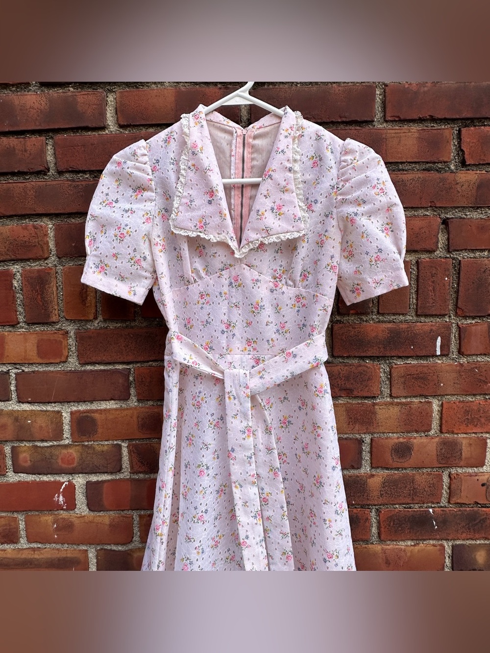 VTG 70s Pink Floral Eyelet Lace Prairie Maxi Dress Puff Sleeve Cottagecore